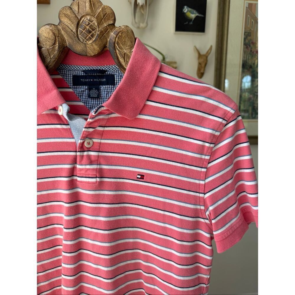 Tommy Hilfiger Polo Golf Shirt Salmon Pink Stripe Cotton M
